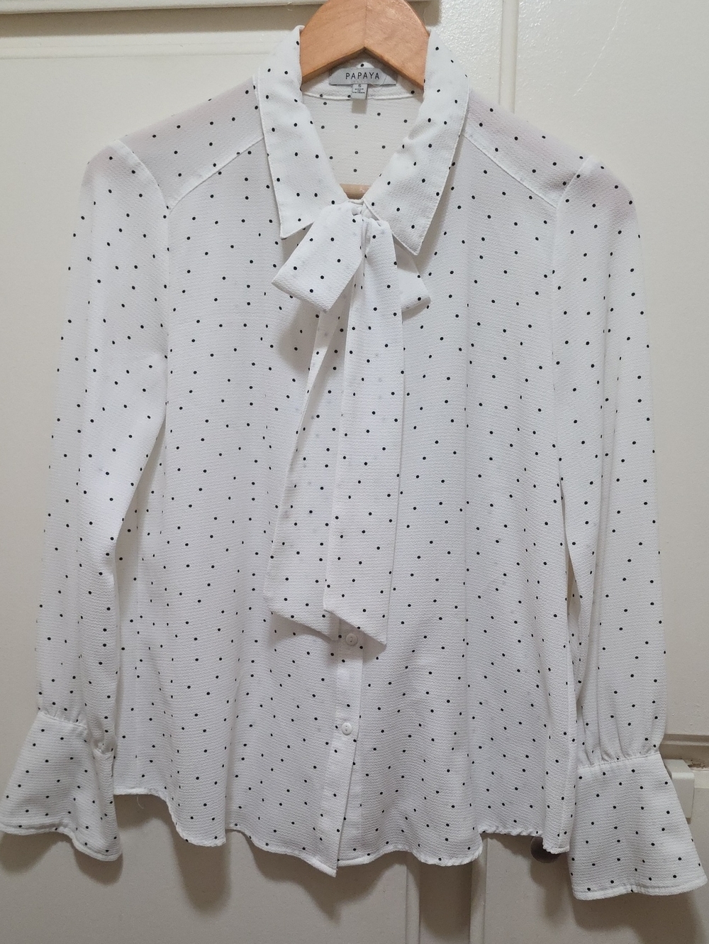 Papaya White Blouse with Black Polka Dots and Tie Neck